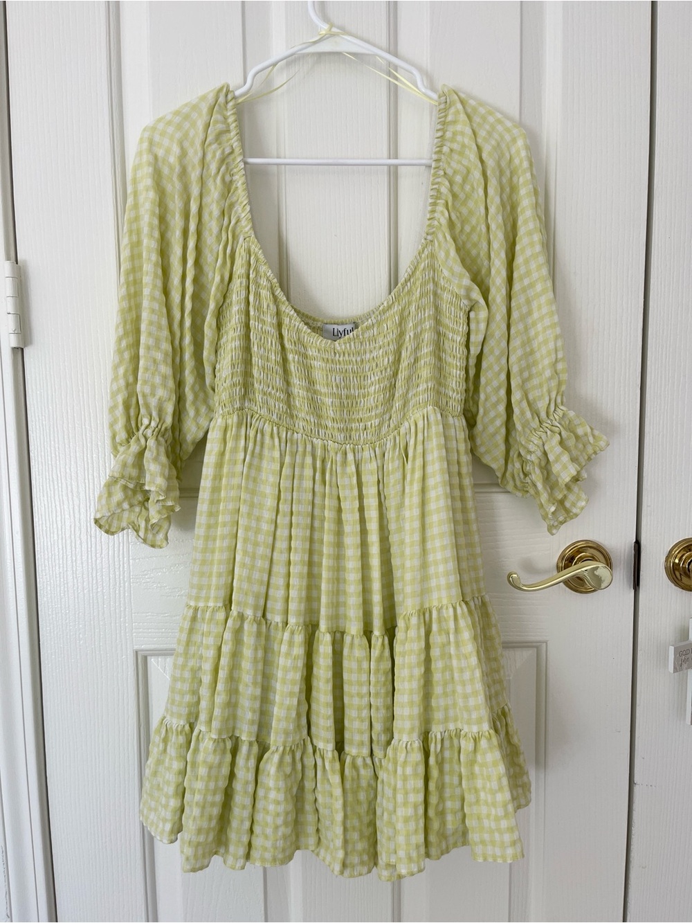 Smocked Bodice Lemon Gingham Tiered Mini Dress